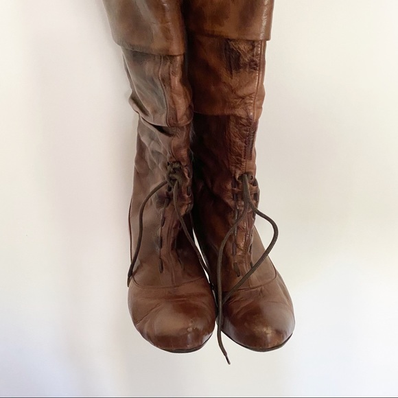 Brown leather marble style lace up heel boots - Picture 2 of 13